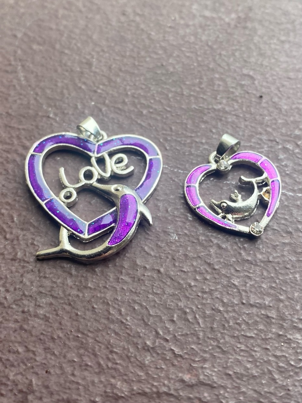 2 Pendant Bundle / Lab-Created Purple Opal Love Dolphin Heart Charm Pendants